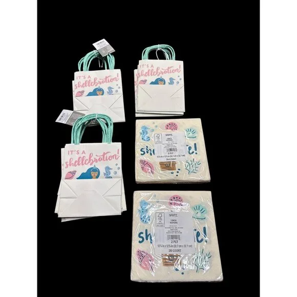 Spritz Paper Gift Treat or Favor Bags Mermaid It's A Shellebration & Napkins Bra - Picture 2 of 4